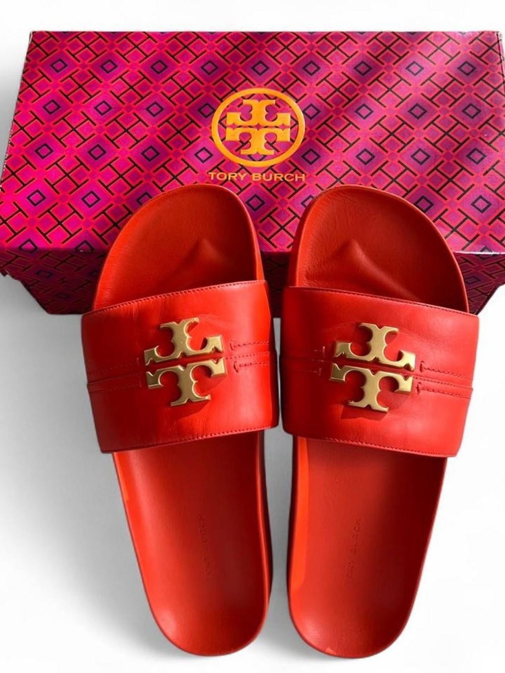 Tory Burch Red Slide Sandals with Gold Logo Emblem